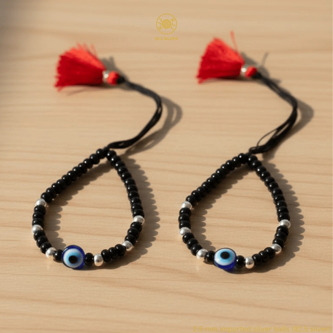 KJJ Elite 92.5 Sterling Silver Baby Nazariya – Handcrafted 2.5mm Imported Silver Ball & Central Evil Eye Protection Bracelets (Set of 2)