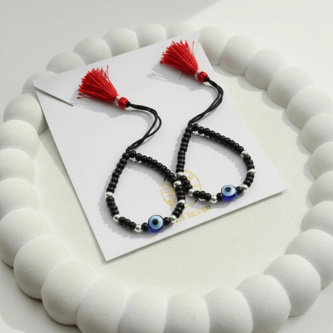 KJJ Elite 92.5 Sterling Silver Baby Nazariya – Handcrafted 2.5mm Imported Silver Ball & Central Evil Eye Protection Bracelets (Set of 2)