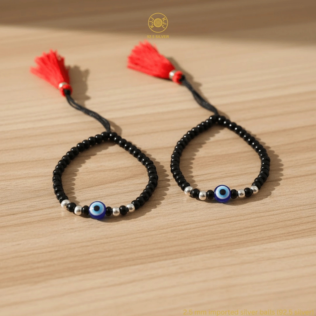 KJJ Elite 92.5 Sterling Silver Baby Nazariya – Handcrafted 2.5mm Imported Silver Ball & Central Evil Eye Protection Bracelets (Set of 2)