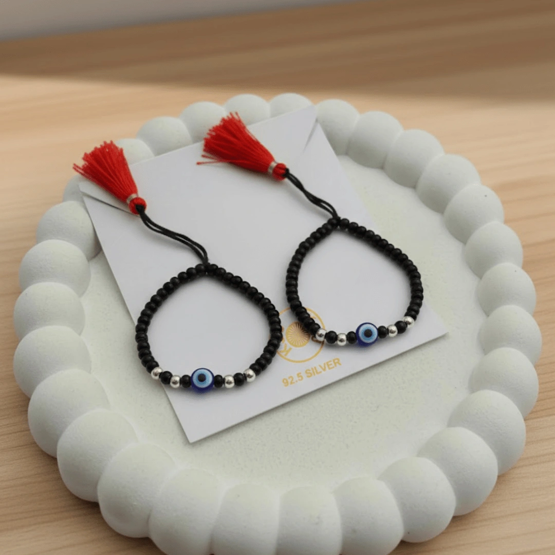 KJJ Elite 92.5 Sterling Silver Baby Nazariya – Handcrafted 2.5mm Imported Silver Ball & Central Evil Eye Protection Bracelets (Set of 2)