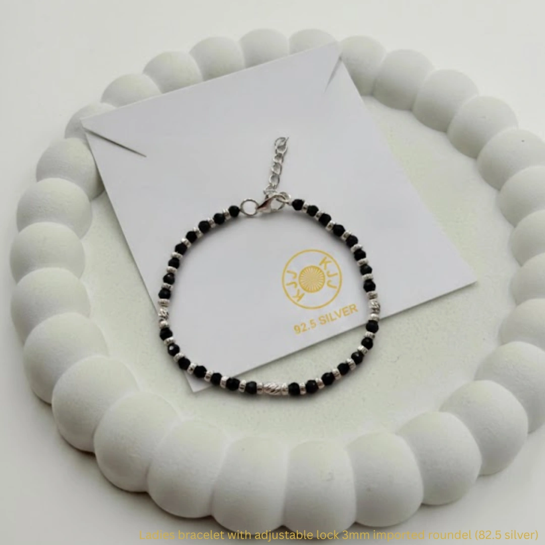 KJJ Sophisticated 92.5 Sterling Silver Ladies Bracelet – Handcrafted 3mm Imported Roundel & Black Bead Bracelet with Adjustable Lock