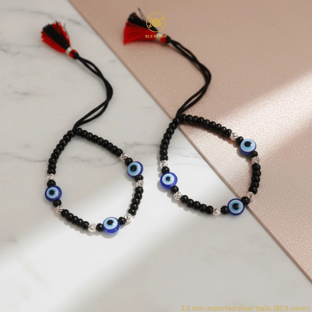 KJJ Elite 92.5 Sterling Silver Baby Nazariya – Handcrafted Triple Evil Eye Protection Bracelets with 2.5mm Chevron-Textured Silver Balls (Set of 2)