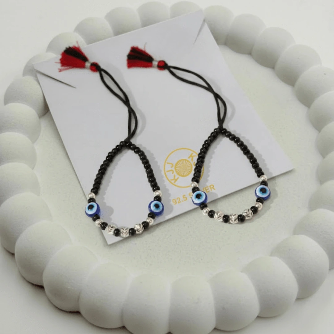 KJJ Elite 92.5 Sterling Silver Baby Nazariya – Handcrafted Double Evil Eye Protection Bracelets with 2.5mm Chevron-Textured Silver Balls (Set of 2)