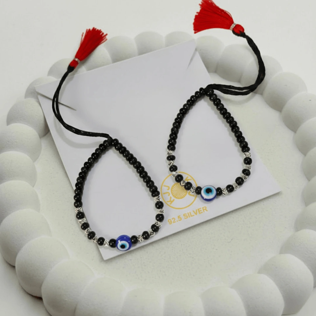 KJJ Elite 92.5 Sterling Silver Baby Nazariya – Handcrafted 2.5mm Chevron-Textured Silver Ball & Central Evil Eye Protection Bracelets (Set of 2)