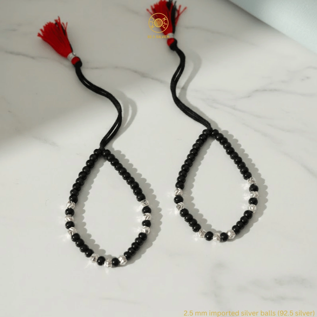 KJJ Signature 92.5 Sterling Silver Baby Nazariya – Handcrafted High-Density 2.5mm Chevron-Textured Silver Ball Protective Bracelets (Set of 2)