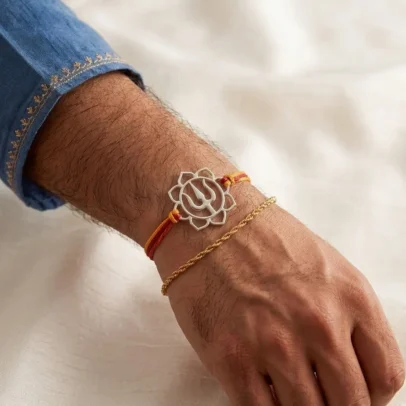 The Sacred Lotus & Trishul Pure 92.5 Silver Rakhi | Kanha Ji Jewels