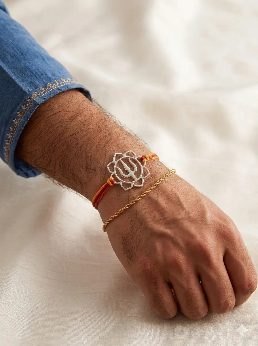The Sacred Lotus & Trishul Pure 92.5 Silver Rakhi | Kanha Ji Jewels