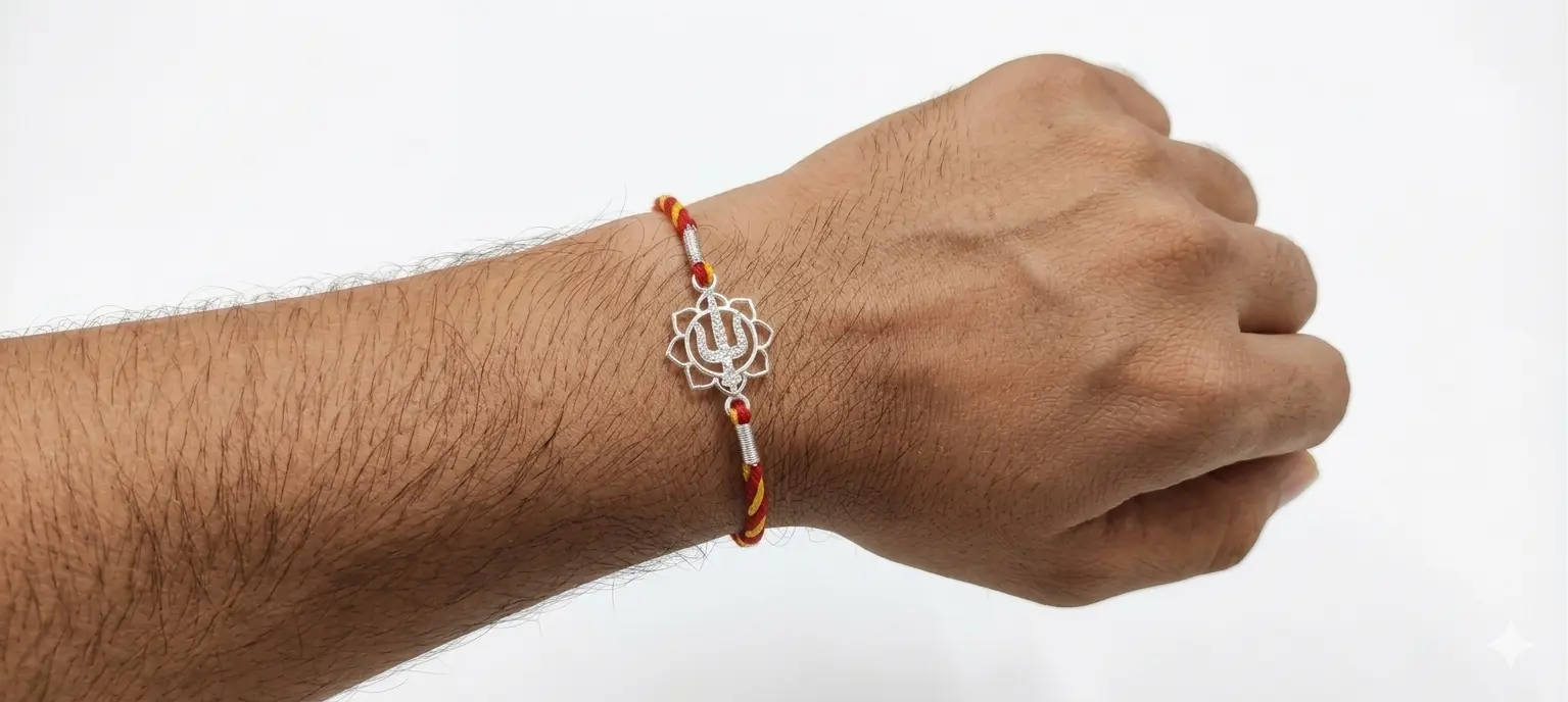 Divine Trishul & Lotus 92.5 Sterling Silver Rakhi | Kanha Ji Jewels - Image 6