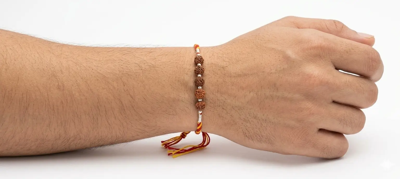 Spiritual Heritage 5-Rudraksha Pure Silver 92.5 Rakhi| Kanha Ji Jewels - Image 5