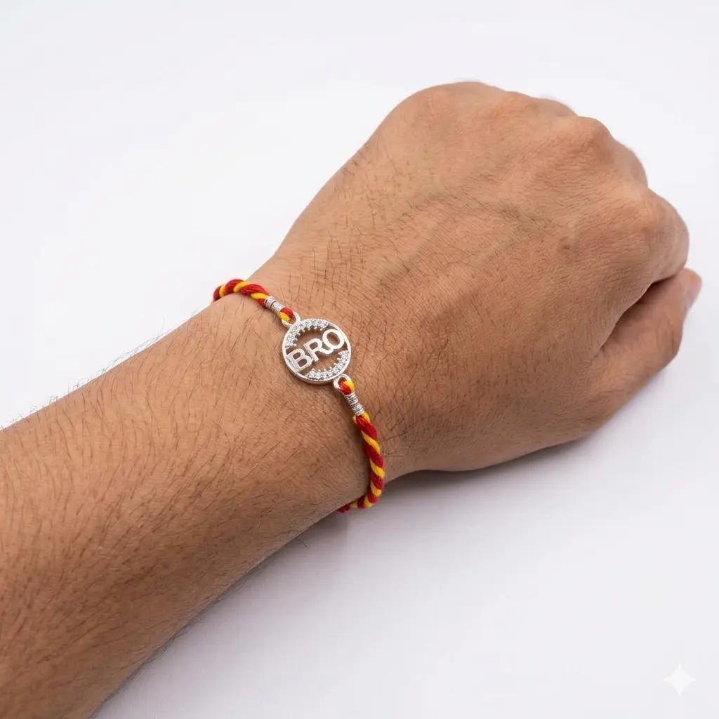 "BRO" Circular 92.5 Sterling Silver zirconia Rakhi | Kanha Ji Jewels - Image 4