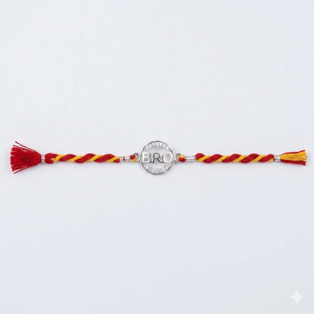 "BRO" Circular 92.5 Sterling Silver zirconia Rakhi | Kanha Ji Jewels - Image 6