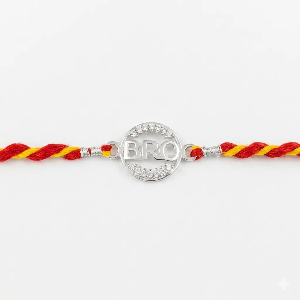 "BRO" Circular 92.5 Sterling Silver zirconia Rakhi | Kanha Ji Jewels - Image 7
