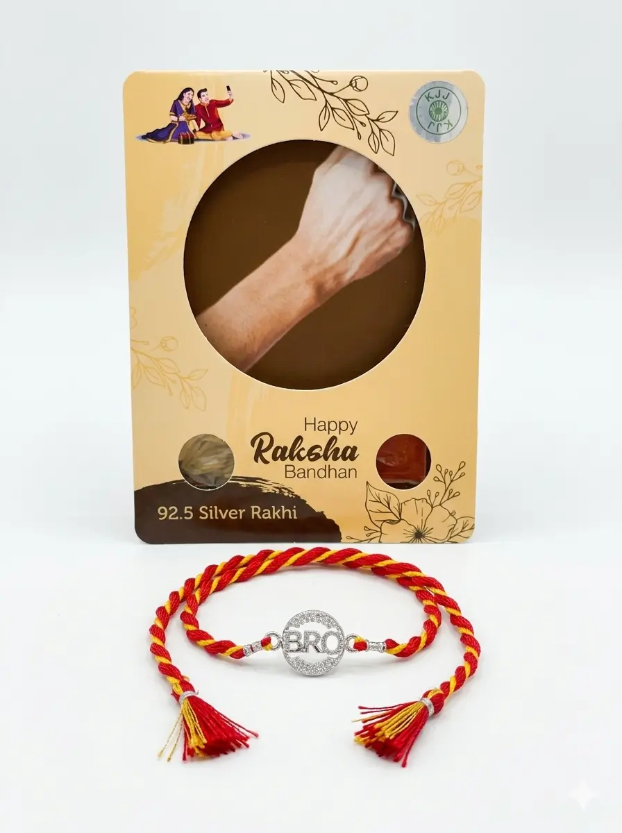 "BRO" Circular 92.5 Sterling Silver zirconia Rakhi | Kanha Ji Jewels - Image 3