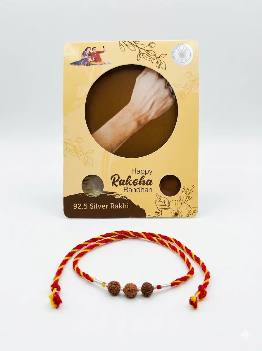 Divine Triple Rudraksha 92.5 Silver Designer Rakhi| Kanha Ji Jewels - Image 5