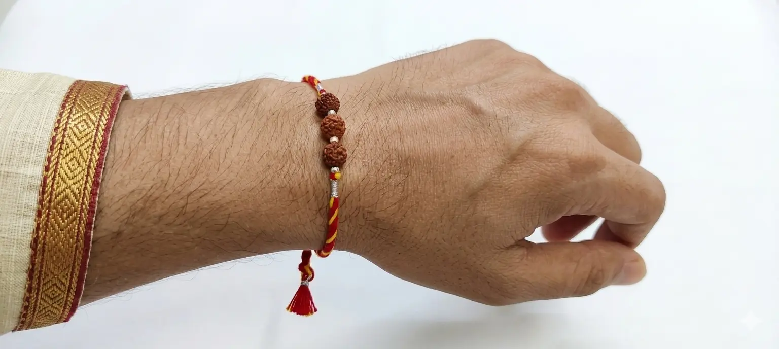 Divine Triple Rudraksha 92.5 Silver Designer Rakhi| Kanha Ji Jewels - Image 4