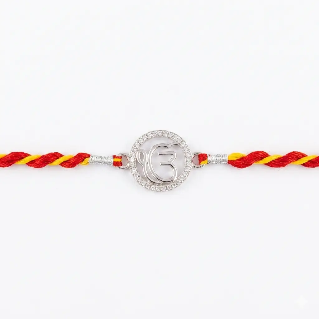"Ek Onkar" 92.5 Sterling Silver Zirconia Rakhi | Kanha Ji Jewels - Image 3