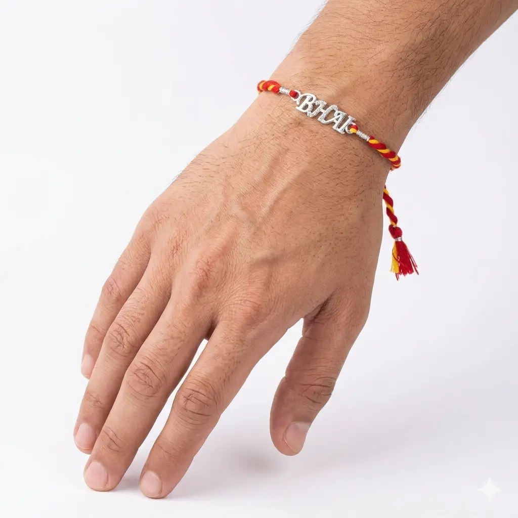 parkling "Bhai" 92.5 Sterling Silver Designer Rakhi | Kanha Ji Jewels - Image 3