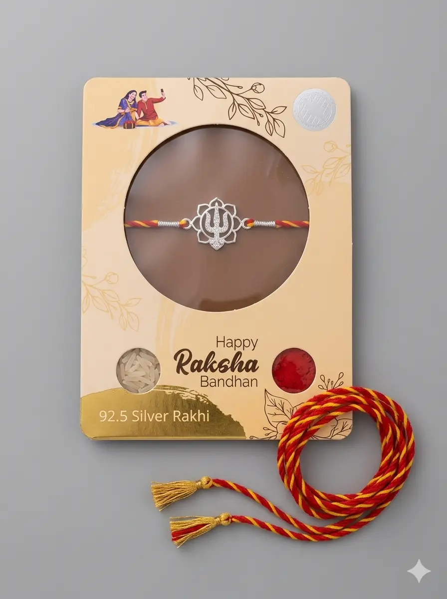 Divine Trishul & Lotus 92.5 Sterling Silver Rakhi | Kanha Ji Jewels