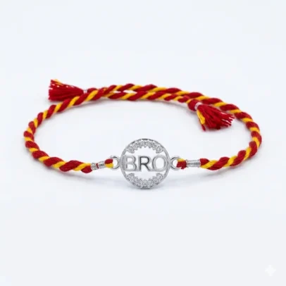 "BRO" Circular 92.5 Sterling Silver zirconia Rakhi | Kanha Ji Jewels