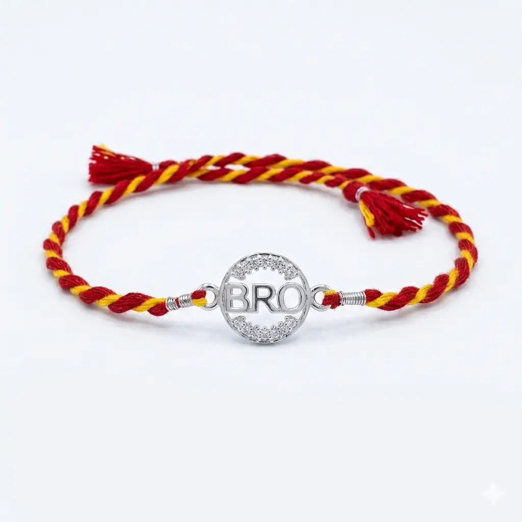"BRO" Circular 92.5 Sterling Silver zirconia Rakhi | Kanha Ji Jewels